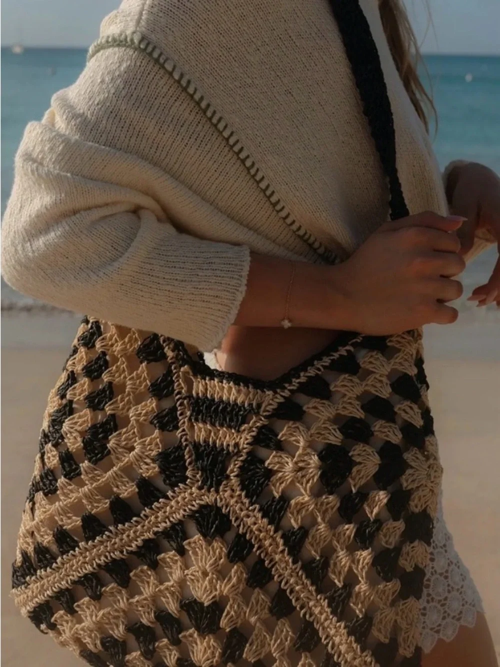 Steve Madden Beige and Black Crochet Bbora Bag